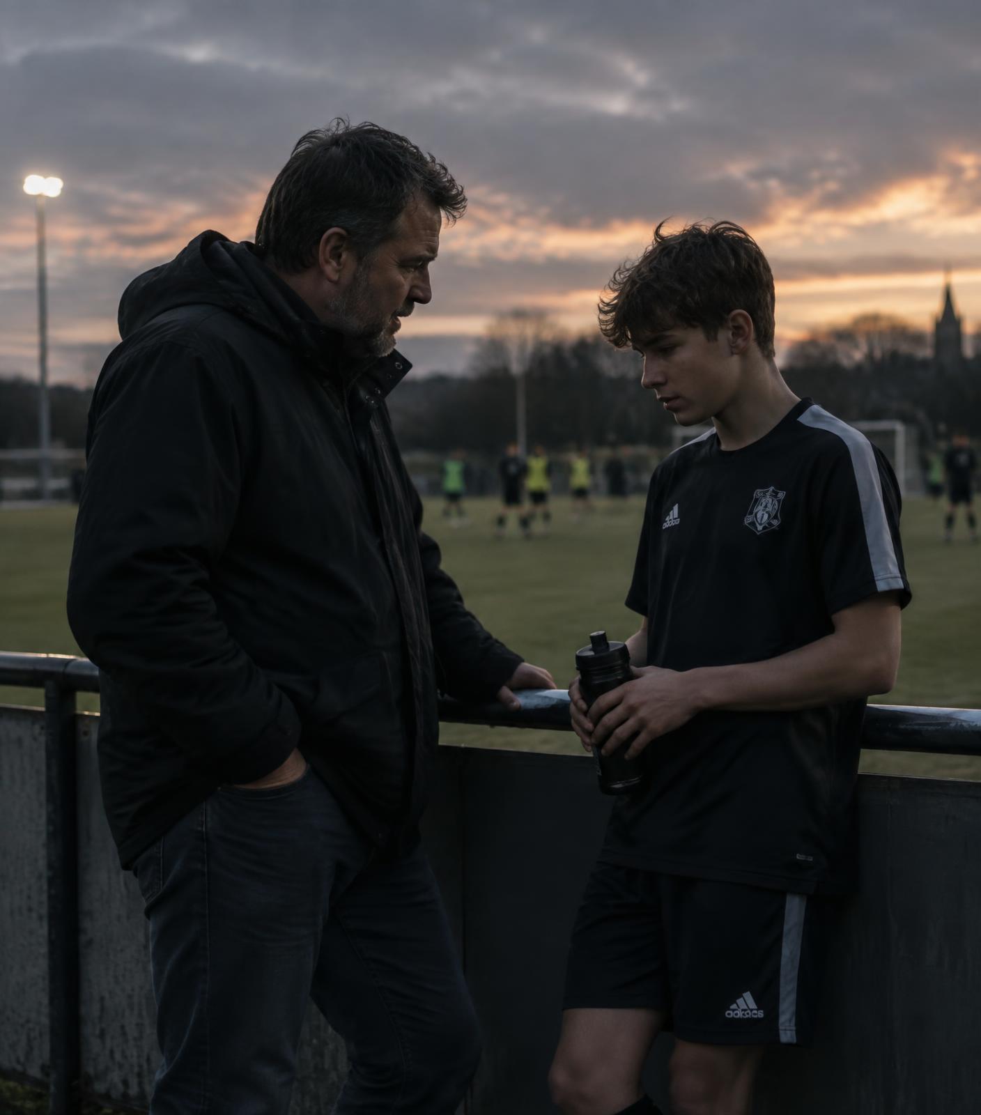 Padre conversando con su hijo futbolista al costado de la cancha